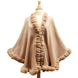 Elegant Faux Fur Trim Knit Poncho Ruana Cape
