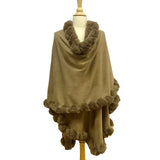Elegant Faux Fur Trim Knit Poncho Ruana Cape