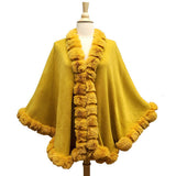 Elegant Faux Fur Trim Knit Poncho Ruana Cape