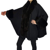 Elegant Faux Fur Trim Lapel Cuffs Knit Poncho Ruana