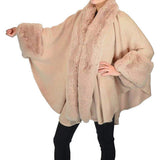 Elegant Faux Fur Trim Lapel Cuffs Knit Poncho Ruana