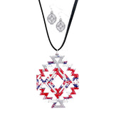 Enamel Aztec Pattern Pendant Leather Long Necklace Earrings