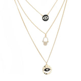 Enamel Rhinestone Evil Eye Hamsa Charm Triple Layer Necklace