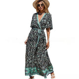 Women's V-Neck Tie-Waist Printed Bohemian Dress Short Sleeve Floral Maxi Dress Summer