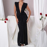 Sexy women's sleeveless super deep V slim waist pleated temperament fishtail jumpsuit