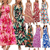 Women's Halter Neck Printed Bohemian Dress Vacation Beach Maxi Dress