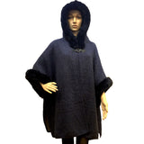 Faux Fur Hood Sleeve Trim Ruana Poncho Outwear