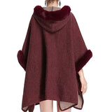 Faux Fur Hood Sleeve Trim Ruana Poncho Outwear
