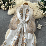 Vintage Lantern Sleeve Floral Dress – Summer Mandarin Collar Tie-Waist A-Line Maxi, Graceful Shift
