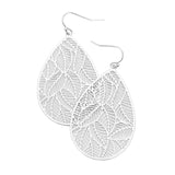Filigree Leaf Detail Brass Metal Teardrop Dangle Earrings