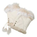Women's Fingerless Faux Fur Trim Suede Gloves Drawstring
