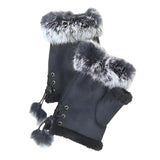 Women's Fingerless Faux Fur Trim Suede Gloves Drawstring