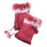 Women's Fingerless Faux Fur Trim Suede Gloves Drawstring