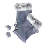 Women's Fingerless Faux Fur Trim Suede Gloves Drawstring