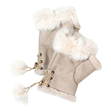 Women's Fingerless Faux Fur Trim Suede Gloves Drawstring