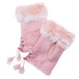 Women's Fingerless Faux Fur Trim Suede Gloves Drawstring