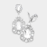 Floral Crystal Teardrop Clip On Evening Earrings