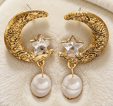 French Vintage Moon & Star Pearl Drop Earrings