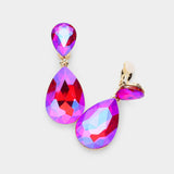 Women's Glass Crystal Double Teardrop Clip on Evening Dangle Earrings