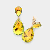 Women's Glass Crystal Double Teardrop Clip on Evening Dangle Earrings