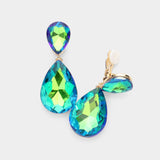Women's Glass Crystal Double Teardrop Clip on Evening Dangle Earrings
