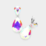 Women's Glass Crystal Double Teardrop Clip on Evening Dangle Earrings
