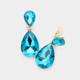 Women's Glass Crystal Double Teardrop Clip on Evening Dangle Earrings