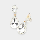 Women's Glass Crystal Double Teardrop Clip on Evening Dangle Earrings