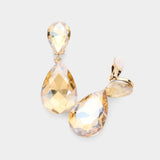 Women's Glass Crystal Double Teardrop Clip on Evening Dangle Earrings