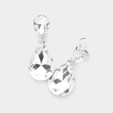 Women's Glass Crystal Double Teardrop Clip on Evening Dangle Earrings