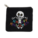 Happy Halloween Message Skull Seed Beaded Mini Pouch Bag