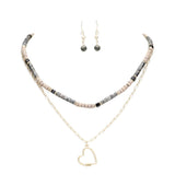 Heart Pendant Wood Natural Stone Double Layered Jewelry Set