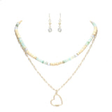 Heart Pendant Wood Natural Stone Double Layered Jewelry Set