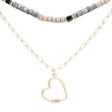 Heart Pendant Wood Natural Stone Double Layered Jewelry Set