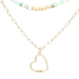 Heart Pendant Wood Natural Stone Double Layered Jewelry Set