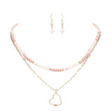 Heart Pendant Wood Natural Stone Double Layered Jewelry Set