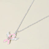 Heart Stone Pointed Enamel Pink Ribbon Angel Wing Pendant Necklace