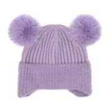 Kids Faux Fur Earflap Double Pom C.C Beanie
