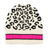 Leopard Patterned Striped Cuff Knit Beanie Hat
