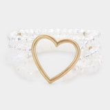 Open Metal Heart Accented Multi Layered Faceted Beaded Stretch Bracelet