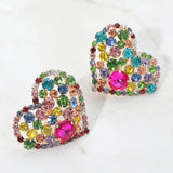 Oversized Rhinestone Cluster Heart Evening Clip On Earrings