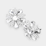 Pave Crystal Teardrop Floral Evening Clip On Earrings
