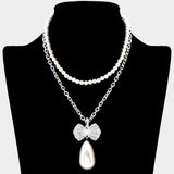 Pearl Chain Layered Rhinestone Pave Ribbon Pearl Dangle Pendant Necklace