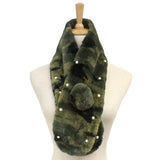 Pearl Embellished Faux Fur Pom Pom Pull Through Scarf