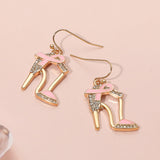 Pink Ribbon Accent Rhinestone Paved High Heel Dangle Earrings