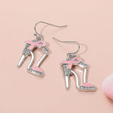 Pink Ribbon Accent Rhinestone Paved High Heel Dangle Earrings