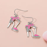 Pink Ribbon Accent Rhinestone Paved High Heel Dangle Earrings