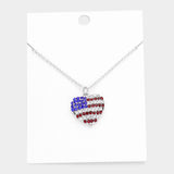 Women's Rhinestone Embellished American USA Flag Heart Pendant Statement Necklace 4th of July