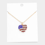 Women's Rhinestone Embellished American USA Flag Heart Pendant Statement Necklace 4th of July