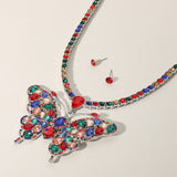 Rhinestone Embellished Butterfly Pendant Accented Tennis Chain Evening Necklace